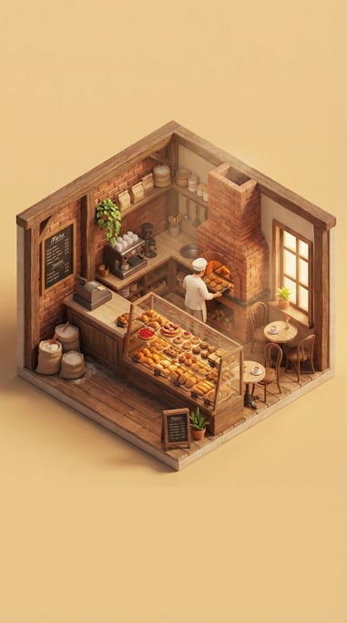 Isometric corner bakery — a display case full of tiny pastries and bread