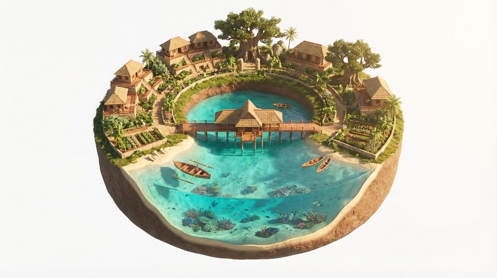 Floating ring-shaped island — a donut of land with buildings and trees on the outer surface