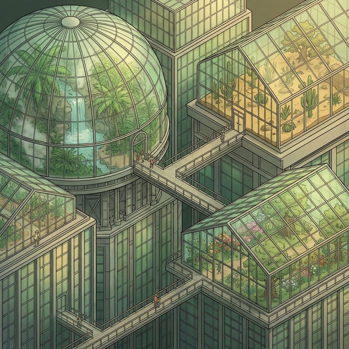 Isometric greenhouse complex — glass houses at different heights with different climates inside (tropical