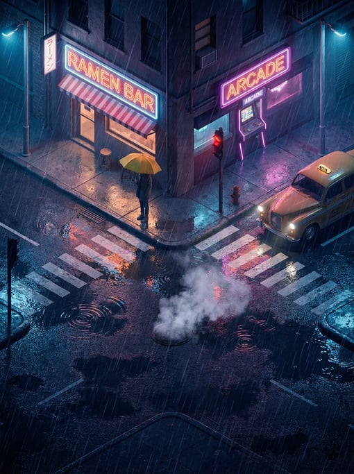 Isometric rainy street corner — wet asphalt reflecting neon signs