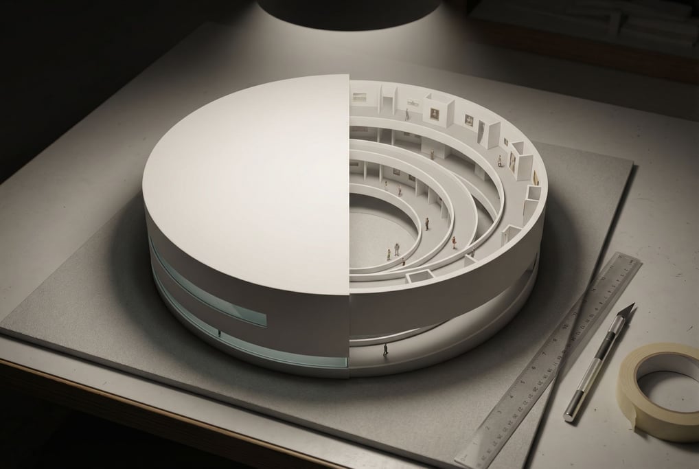 Architectural maquette of a spiral museum — a continuous ramp wrapping around a central void