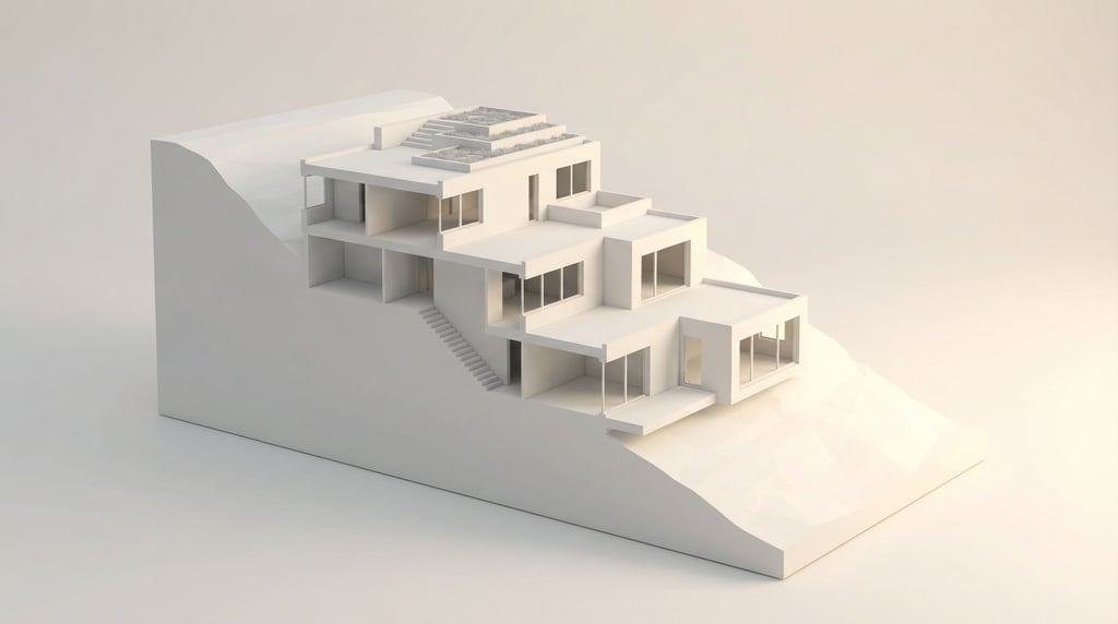 All-white sectional model of a hillside house — the building stepping down the terrain in cascading platforms
