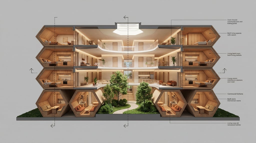 Architectural cutaway of a beehive-inspired co-living complex — hexagonal apartment pods clustered in a honeycomb arrangement