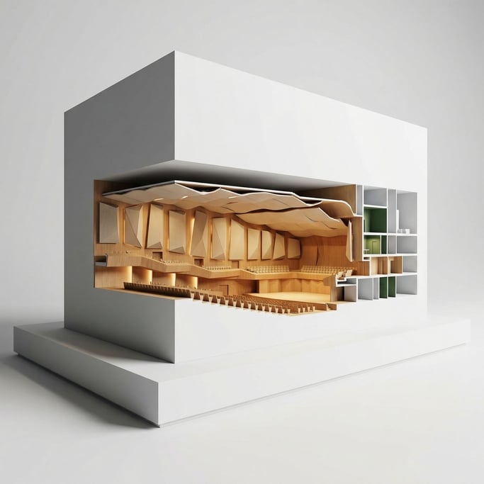 Architectural section model of a concert hall — the auditorium carved into a white block revealing tiered seating