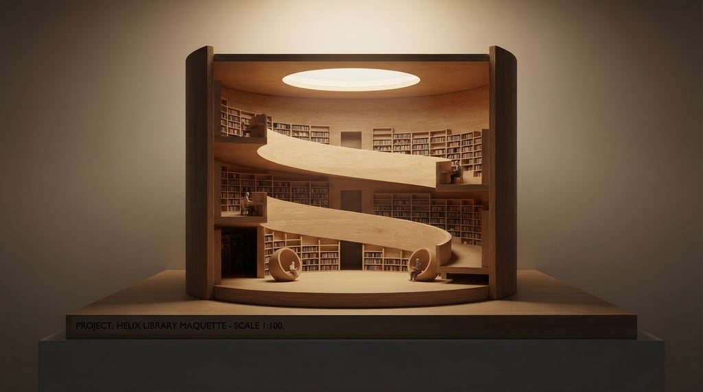 Architectural model of a library with a spiral atrium — the building cylindrical