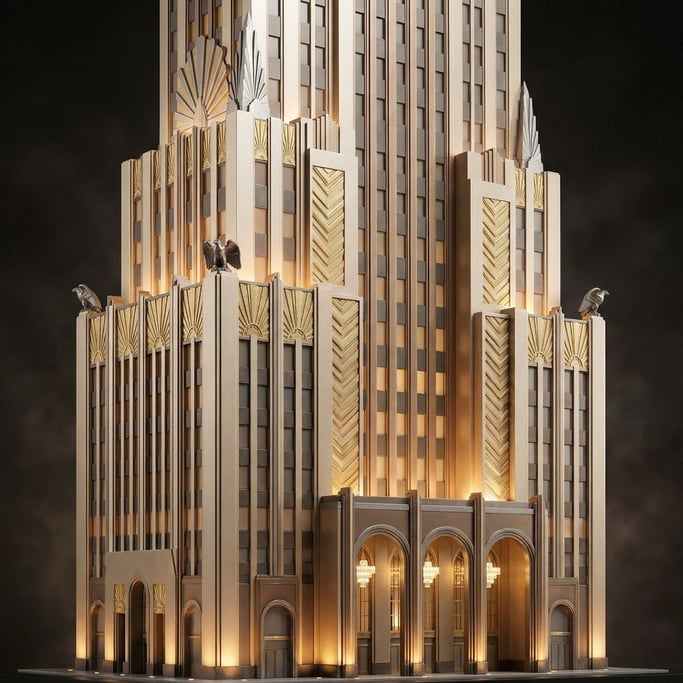Art Deco skyscraper model with stepped-back massing — each setback adorned with geometric chevron and sunburst relief patterns in gold-tinted material