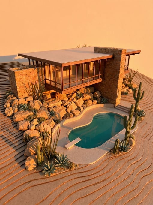 Mid-century modern house model in the desert — a flat-roofed glass pavilion cantilevered over a rocky slope