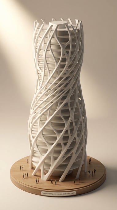 Parametric tower model inspired by natural growth patterns — the facade a flowing lattice of interlocking curved ribs in white