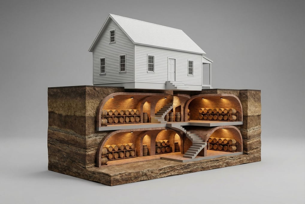 Sectional model of an underground wine cellar — the above-ground building a simple white farmhouse