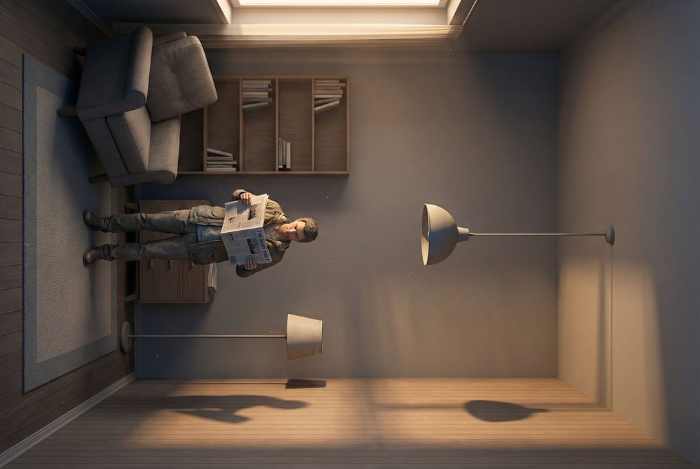 Room where gravity works sideways — furniture mounted on the left wall as if it were the floor