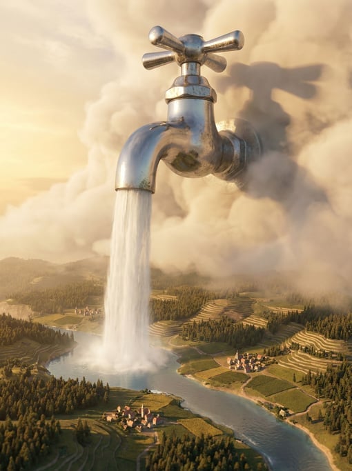 Enormous faucet emerging from clouds