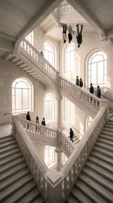Staircase that loops back on itself — an Escher-like impossible stairway rendered in clean white marble