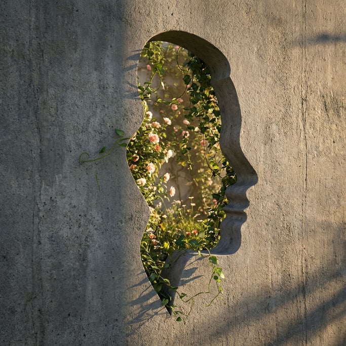 Woman's profile silhouette cut from a concrete wall — through the opening a garden is visible