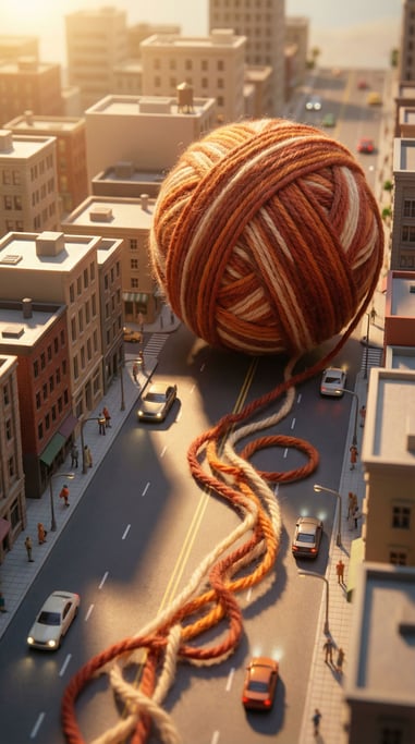 Giant ball of yarn rolling through a miniature city — the yarn the size of a building