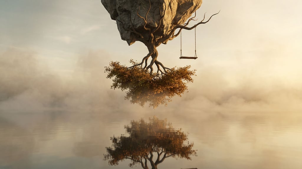 Tree growing upside-down from a floating rock — roots reaching toward the sky