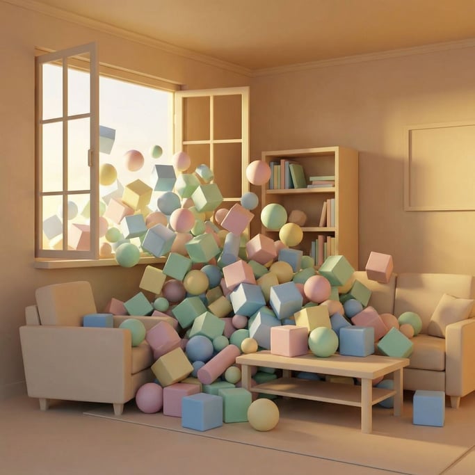 Room filling with solid-colored geometric shapes — cubes