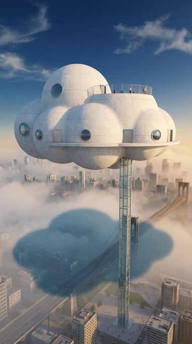 Cloud-shaped building floating above a city — the structure genuinely cloud-like in form but made of white concrete with windows and doors