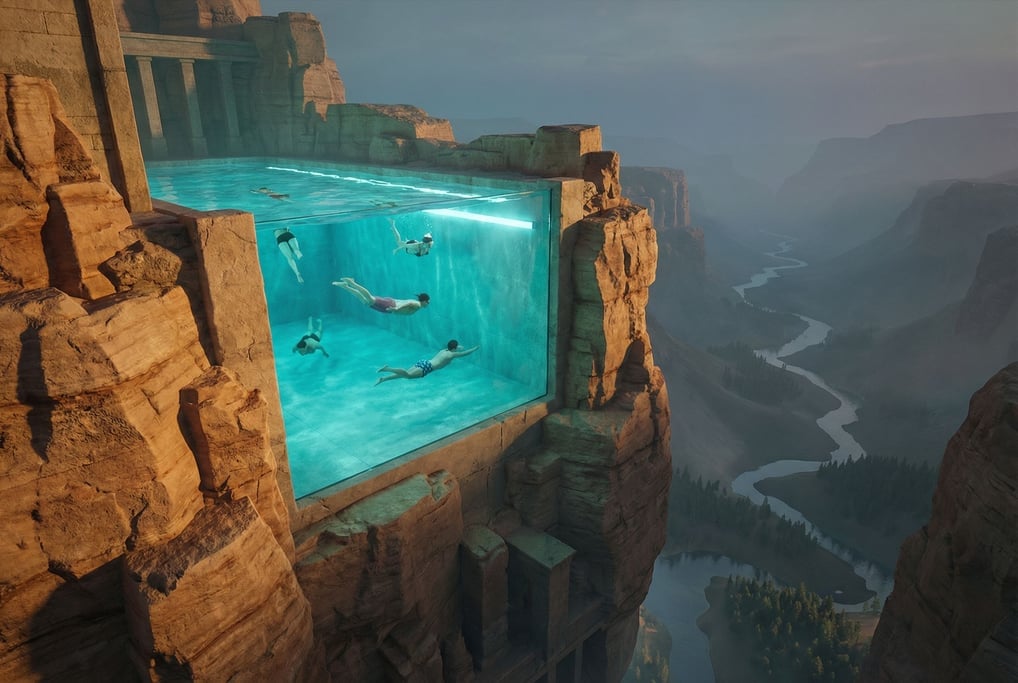 Swimming pool embedded in a vertical cliff face — the water held in by glass on the outward side