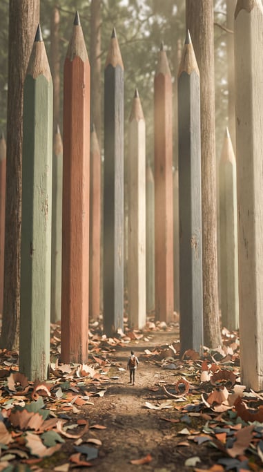 Forest of oversized pencils standing upright like trees — sharpened tips high above