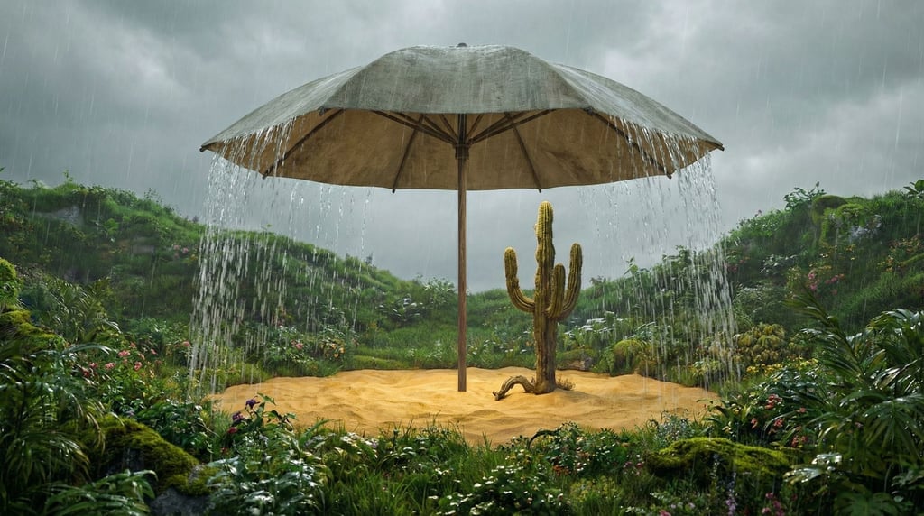 An umbrella protecting a single patch of desert from rain — all around the umbrella the land is lush and green from the rainfall