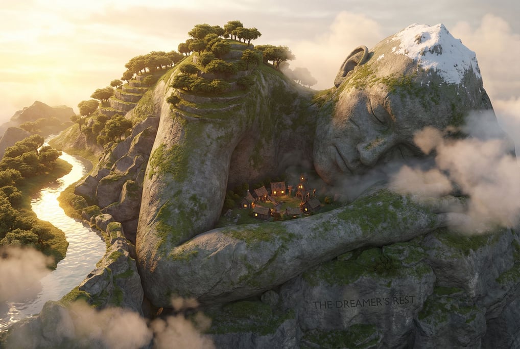 Giant sleeping figure curled up as a mountain — the body forming ridges and valleys