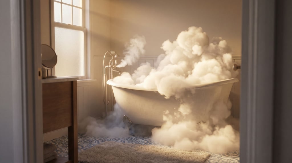Bathtub overflowing with clouds instead of water — cumulus forms pouring over the porcelain edge and pooling on a tiled bathroom floor