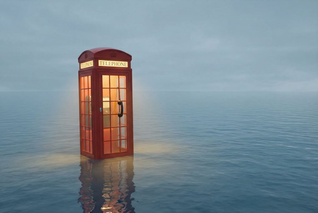 Solitary telephone booth in the middle of a vast ocean — calm water stretching to every horizon