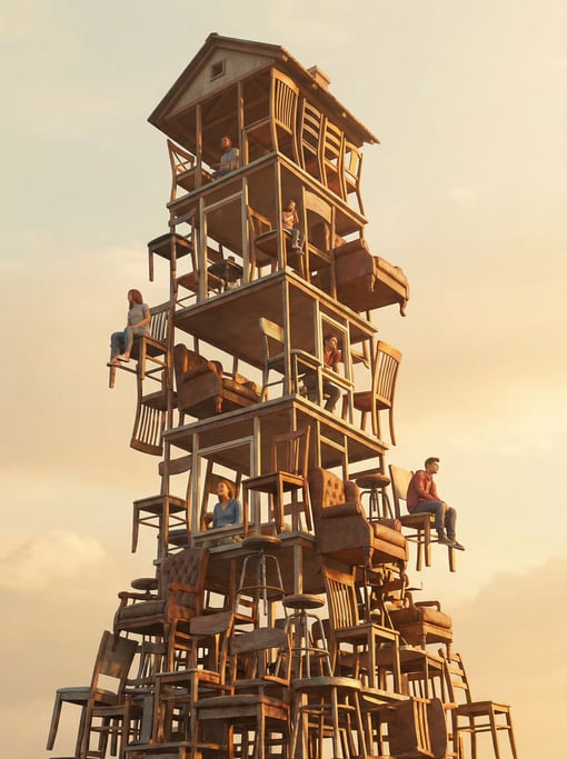 Building made entirely of stacked chairs — a structurally improbable tower of mismatched chairs interlocking and supporting each other