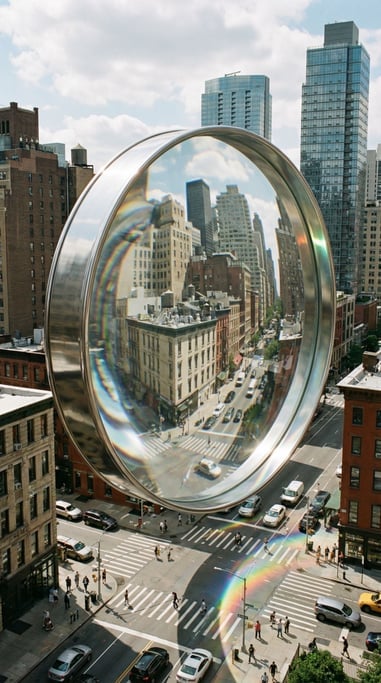 Giant magnifying glass hovering over a city block — through the lens the buildings below are enlarged and slightly distorted