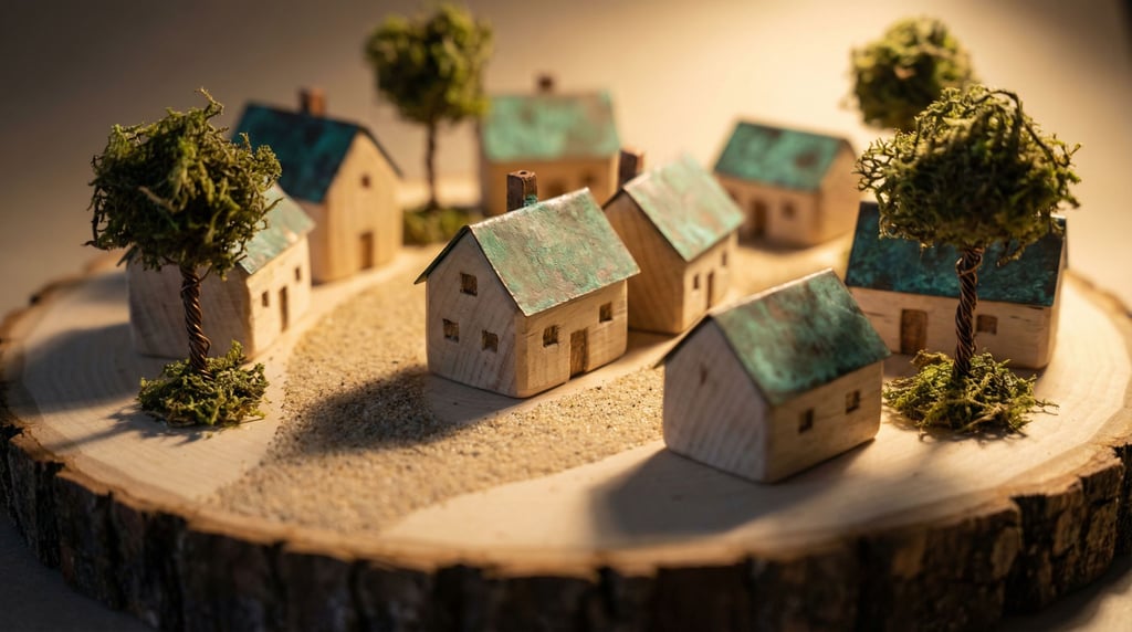 Handmade wooden village diorama — tiny cottages whittled from pale birch wood with visible knife marks