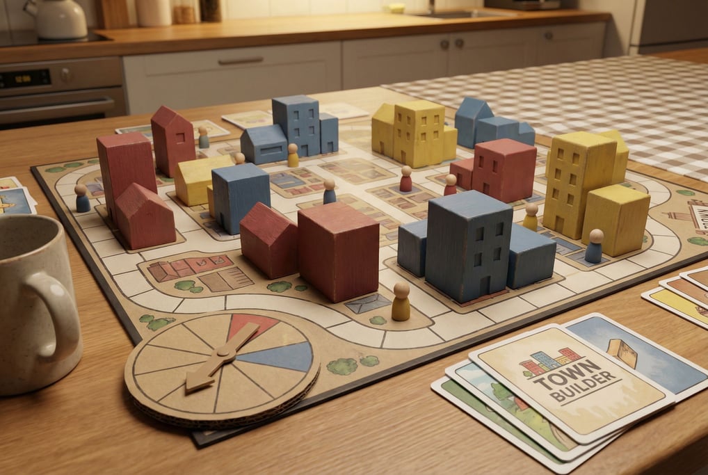Board-game-aesthetic town — buildings as painted wooden blocks in muted primary colors on a board with printed streets and paths