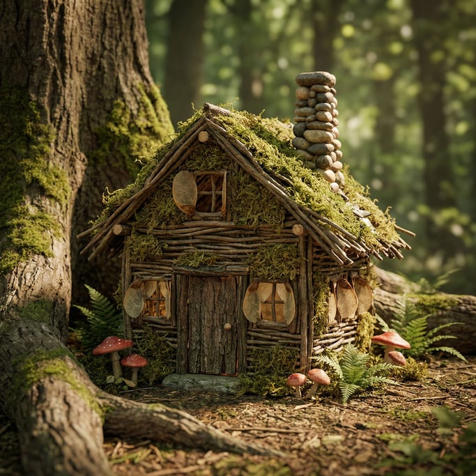 Twig-and-moss fairy house built against a real tree root — the tiny door made from bark