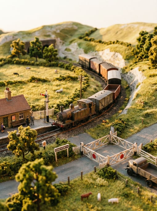 Miniature railway scene — a tiny steam locomotive pulling freight cars around a curve