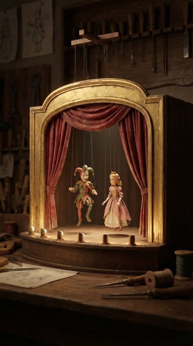 Wooden puppet theater with hand-sewn curtains in faded red velvet — on stage two marionette figures mid-performance