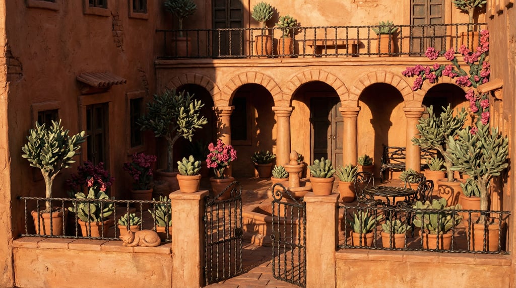 Terracotta tile diorama of a Mediterranean courtyard — walls sculpted from red-brown clay