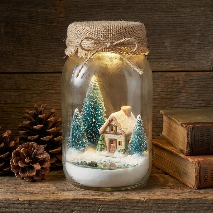 Miniature winter scene inside a mason jar — a tiny ceramic cottage