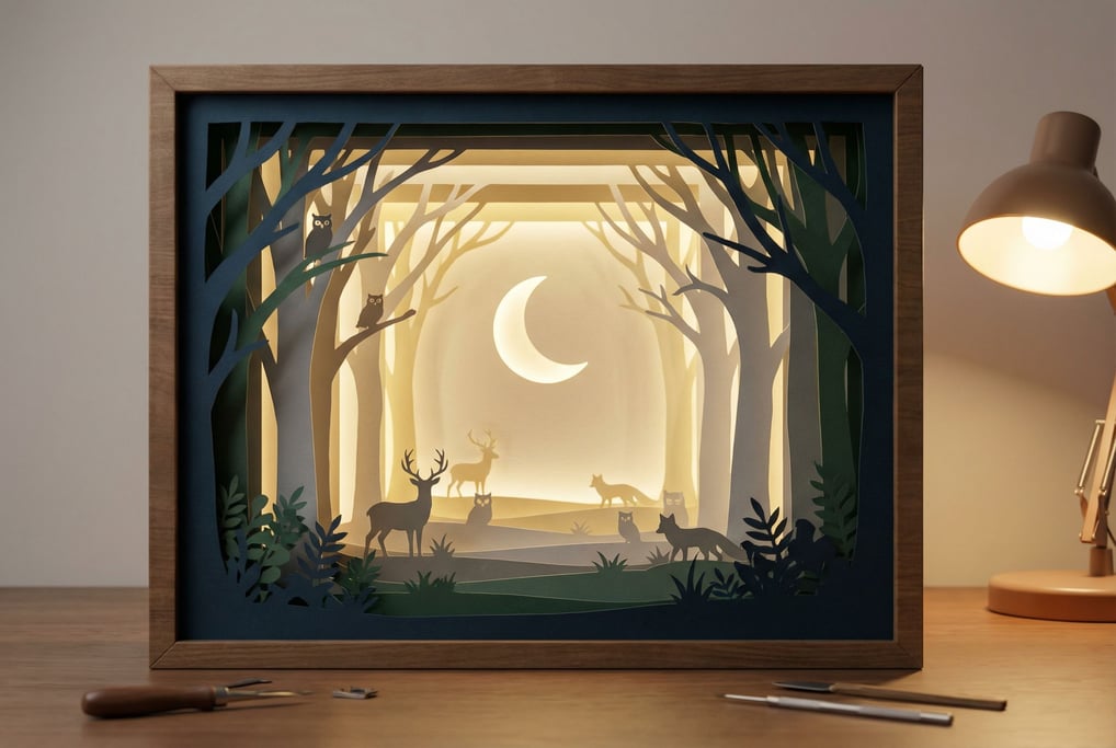 Paper theater set — layered paper flats creating a forest scene with progressive depth