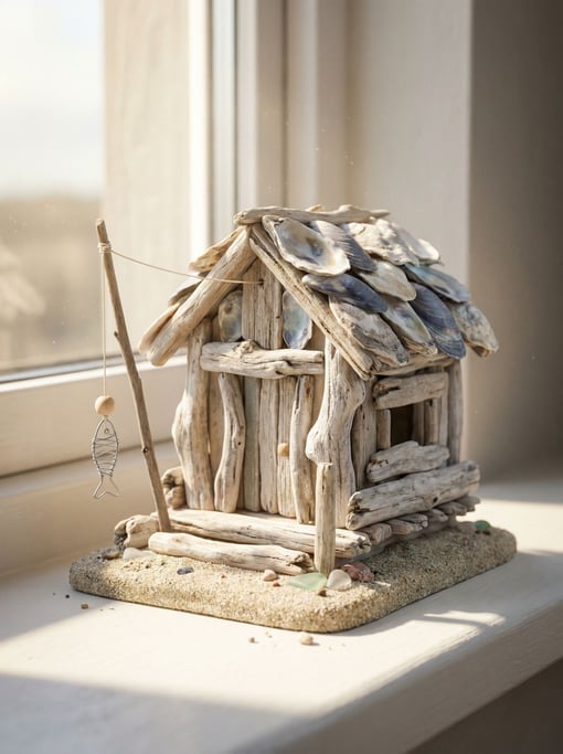 Driftwood beach hut model — a tiny shack assembled from real driftwood pieces