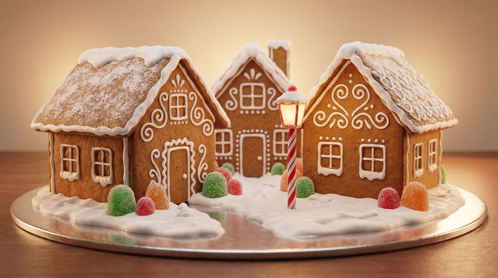 Gingerbread village with piped icing details — three houses of different sizes