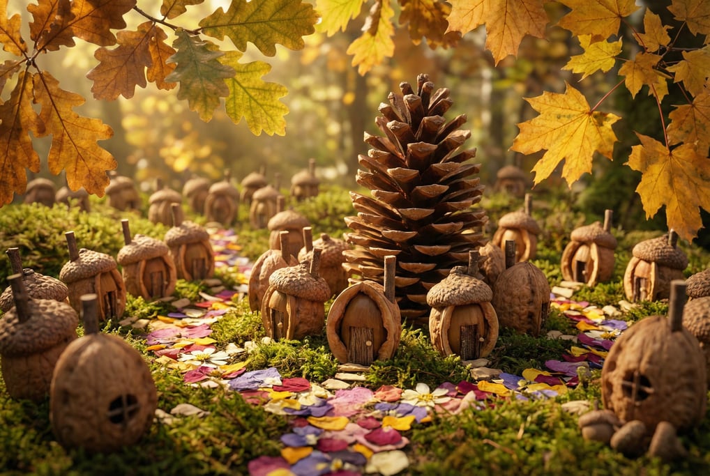 Seed-pod and acorn village — tiny homes made from walnut shell halves with twig chimneys