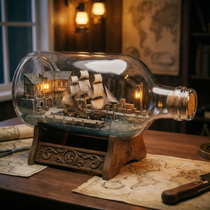 Bottle-ship-style diorama — inside a clear glass bottle