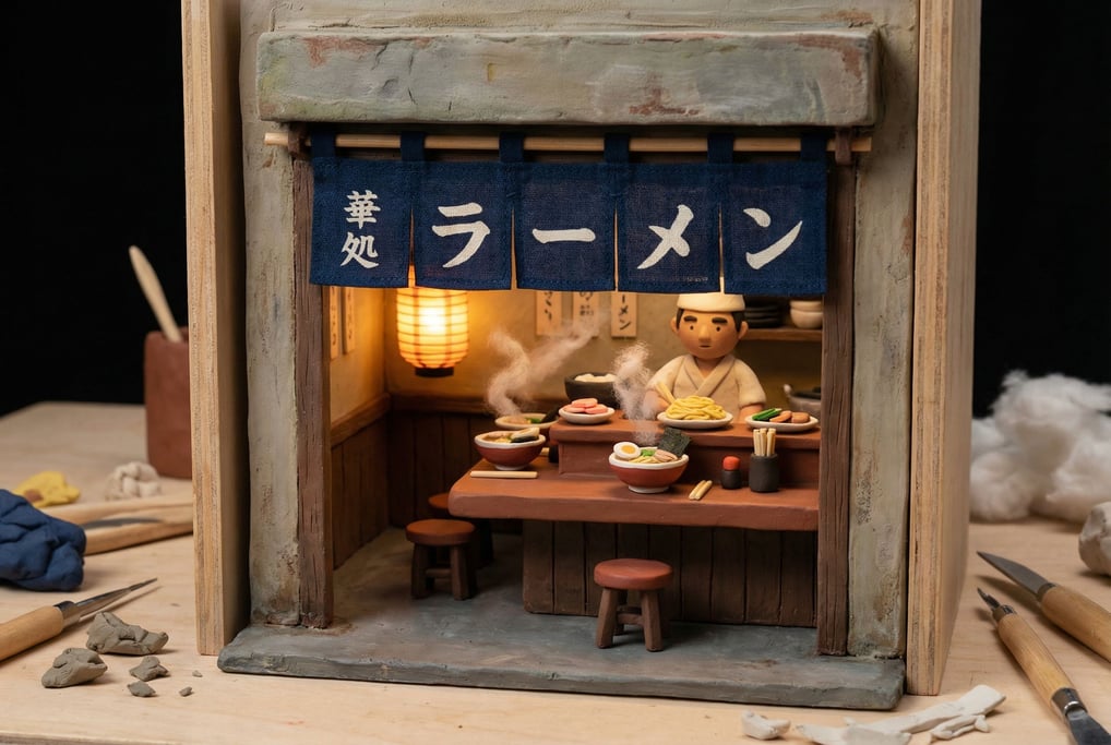 Clay stop-motion set of a tiny ramen shop — the shop front with a cloth noren curtain (real fabric)