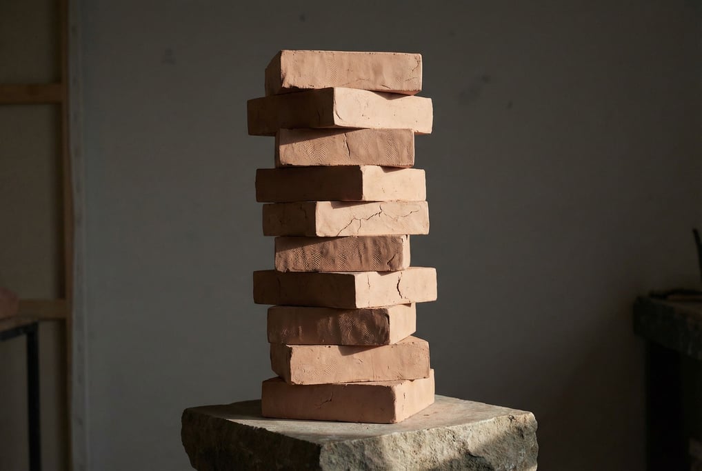 Stack of displaced rectangular prisms in muted terracotta clay — each block slightly rotated from the one below creating a twisting tower
