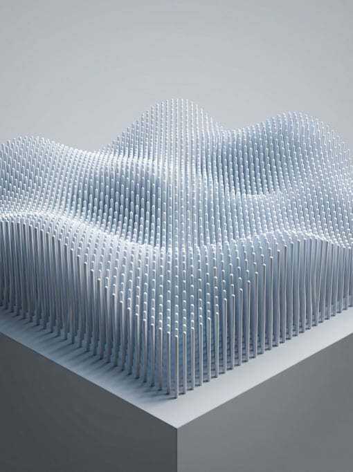 Wave-form surface made of thousands of thin vertical pins — each pin at a different height creating a smooth sinusoidal landscape when viewed from the side