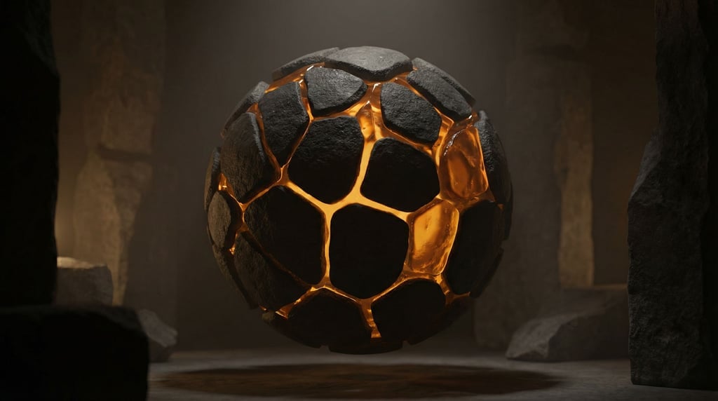 Voronoi-fractured sphere — a solid sphere of dark basalt stone broken along organic cell-pattern lin
