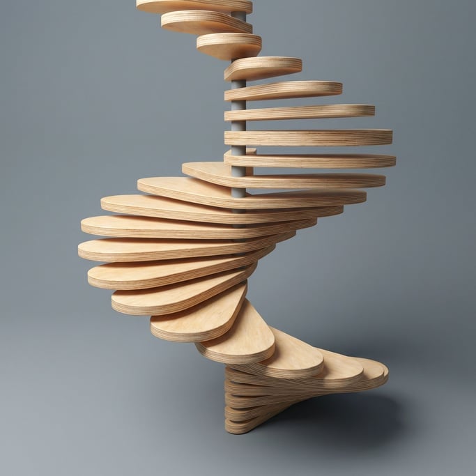Helix of flattened oval discs — each disc in pale birch plywood with visible edge grain