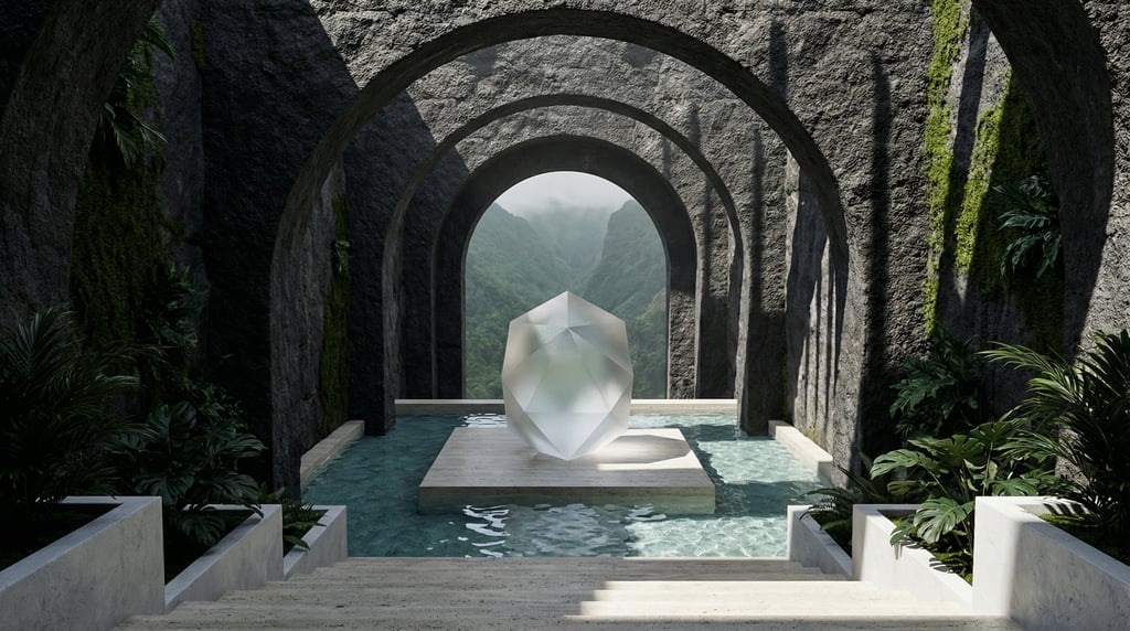 3D render of a sunken courtyard carved from dark volcanic basalt