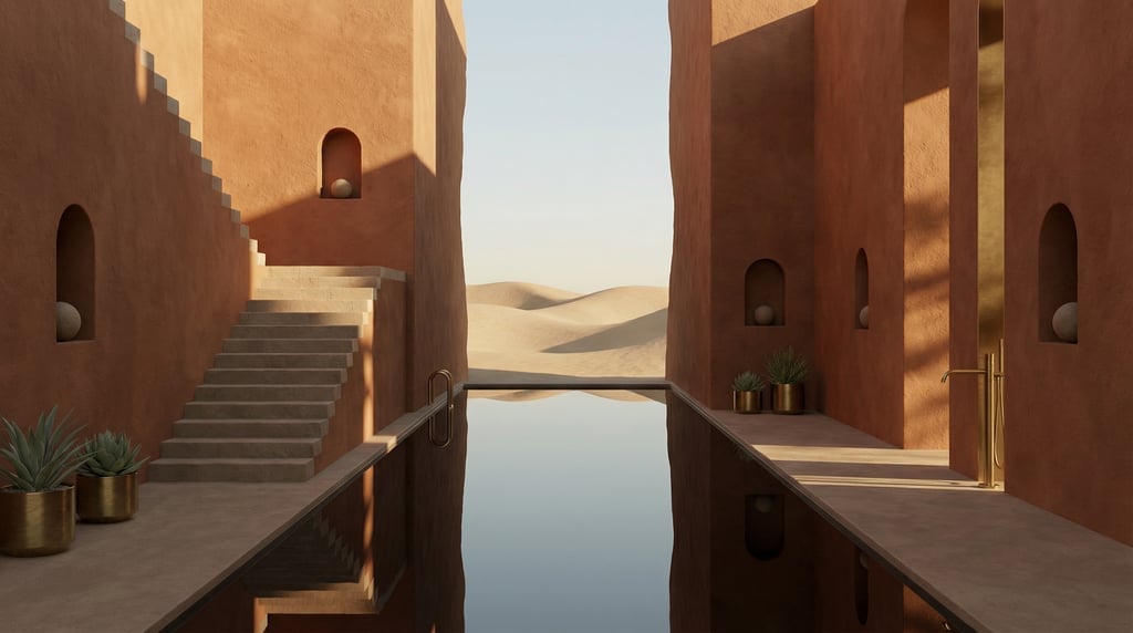 3D render of a minimalist spa carved into a warm sienna clay canyon