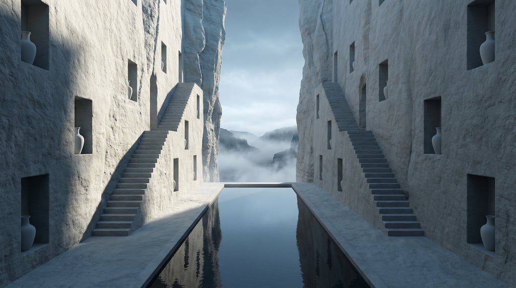 3D render of a neo-classical spa carved into a cream-colored tufa stone canyon