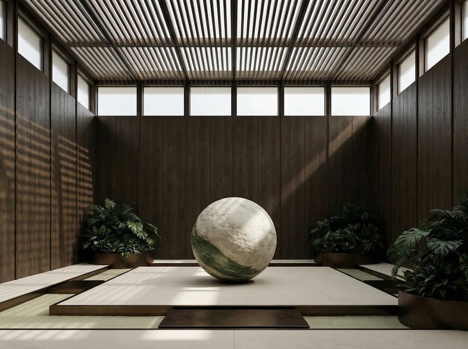 3D render of a meditation hall with dark stained oak walls and a a slatted timber roof filtering lig